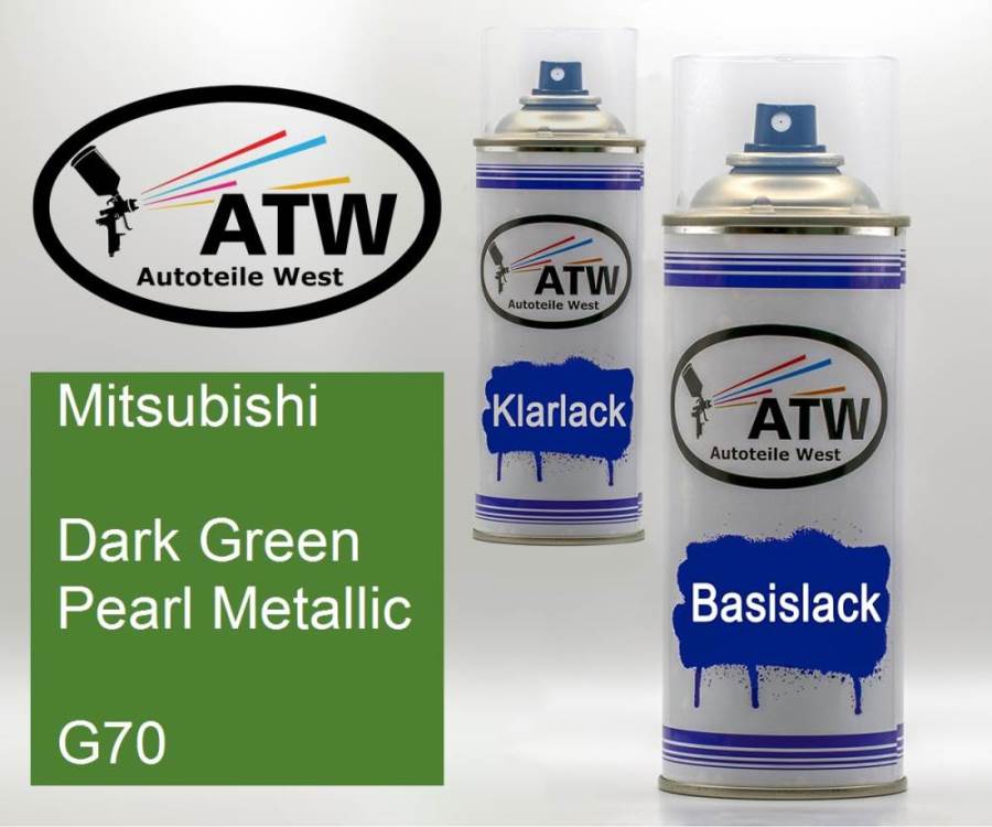Mitsubishi, Dark Green Pearl Metallic, G70: 400ml Sprühdose + 400ml Klarlack - Set, von ATW Autoteile West.